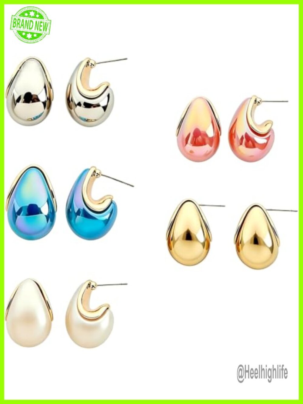 Chunky Stud Earrings 9 Set Acrylic Statement Tear Drop Pave Push Back